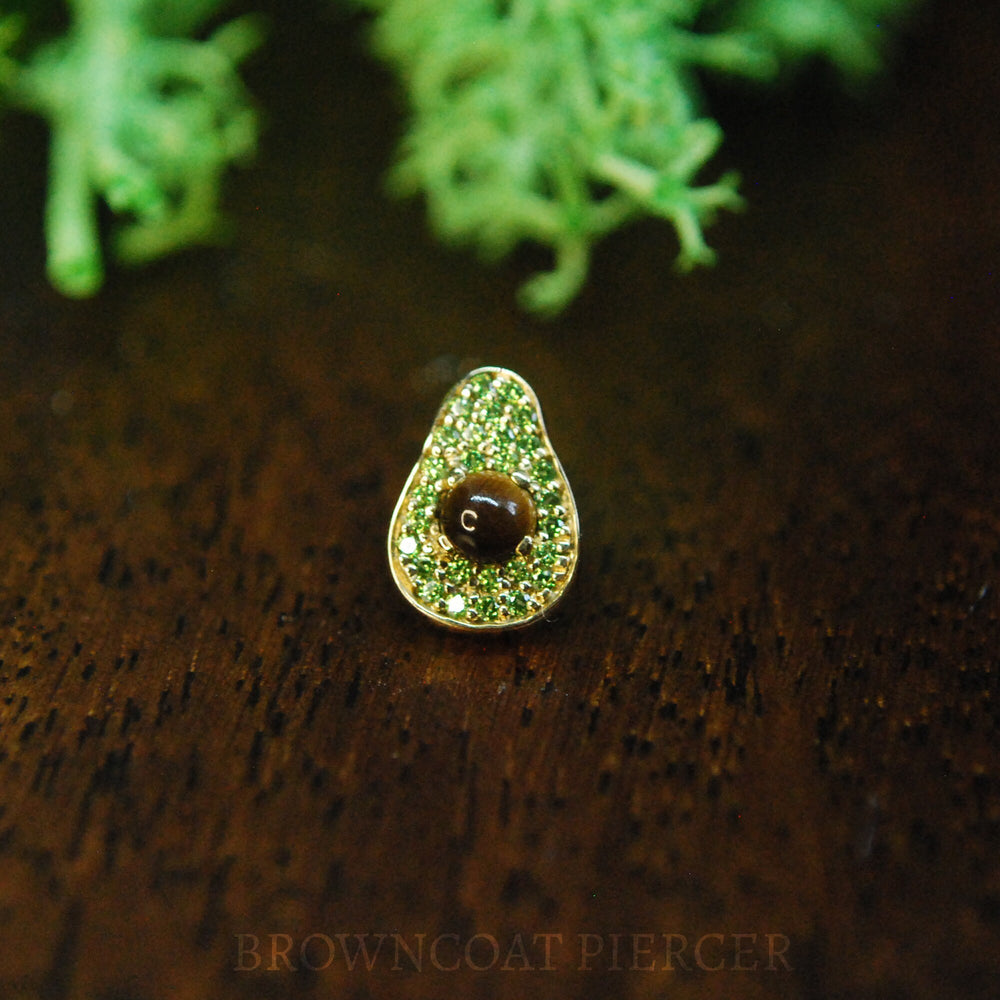 Solid 14K Gold Avocado with Tigers Eye and Spring Green CZ Crystal Threadless End - Push Fit - Cubic Zirconia