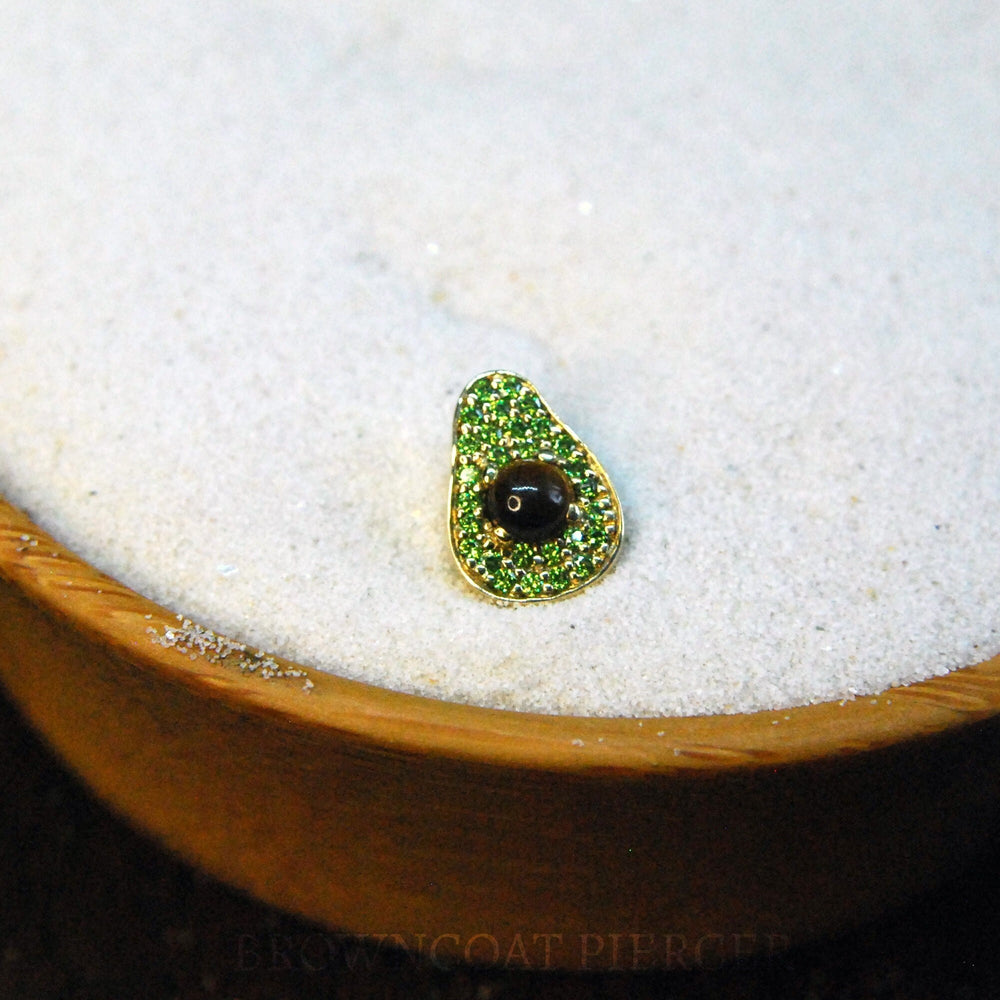 Solid 14K Gold Avocado with Tigers Eye and Spring Green CZ Crystal Threadless End - Push Fit - Cubic Zirconia